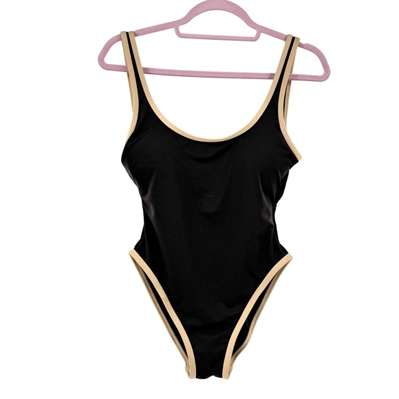 Michael Kors Black Tan One Piece Swimsuit Women’s Size 8 Low Back Gold Logo - Picture 1 of 8
